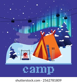 Stunning illustration of campsite with glowing tent, ski gear, and campfire beneath the Northern Lights, ideal for winter adventure themes. Concept of camping, travel, vacation, holiday