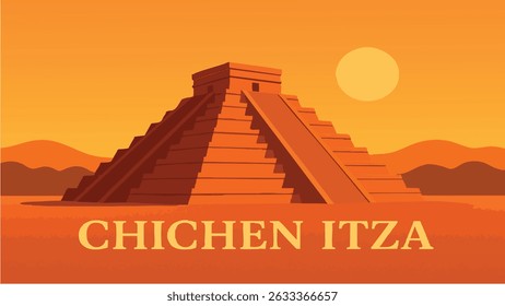 Uma impressionante ilustração de Chichen Itza no pôr do sol, onde as antigas pirâmides estão majestosamente contra a luz dourada quente do sol que se põe