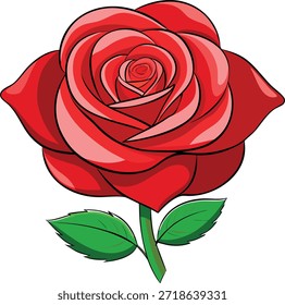 Una impresionante ilustración de una rosa roja profunda en plena floración, mostrando delicados pétalos en capas y hojas verdes frescas. El color atrevido y vibrante y el fondo blanco limpio hacen que esta Imagen sea perfecta para proyectos románticos, decorativos o comerciales. Obra de arte de alta calidad de estilo Vector ideal para impresiones, tarjetas y medios digitales.