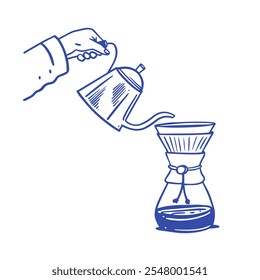A stunning illustration of the detailed process of brewing coffee with a Chemex and pour over kettle
