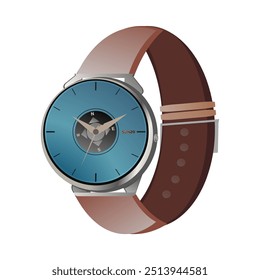 A stunning illustration of a men's wristwatch featuring silver frame, set against a cool blue background. The design includes a stylish leather belt, an integrated compass, and week and date display.