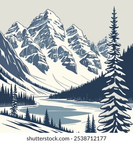 Eine atemberaubende Illustration einer schneebedeckten Bergkette mit einem unberührten See im Tal darunter. Die majestätischen Gipfel und das ruhige Wasser schaffen ein atemberaubendes Winterwunderland.