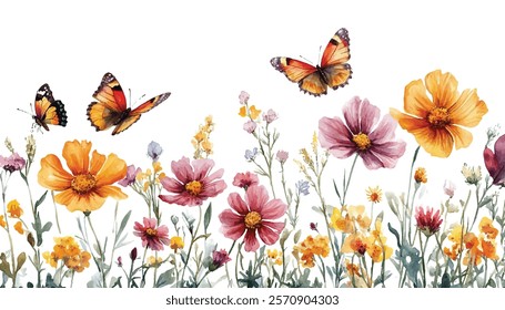 Stunning  illustration of a vibrant wildflower meadow with colorful butterflies. Perfect for nature inspired designs, spring summer projects, and adding whimsical charm to any artwork.