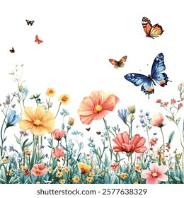 Stunning  illustration of a vibrant wildflower meadow with colorful butterflies. Perfect for nature inspired designs, spring summer projects, and adding whimsical charm to any artwork.