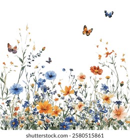 Stunning  illustration of a vibrant wildflower meadow with colorful butterflies. Perfect for nature inspired designs, spring summer projects, and adding whimsical charm to any artwork.