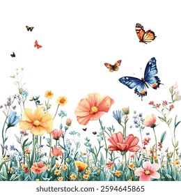 Stunning  illustration of a vibrant wildflower meadow with colorful butterflies. Perfect for nature inspired designs, spring summer projects, and adding whimsical charm to any artwork.