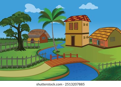 Impresionante Ilustración vectorial de paisaje indio. árboles, casas, puente de madera, lago, agua, valla, hierba, cielo azul y camino de barro en un paisaje pintoresco