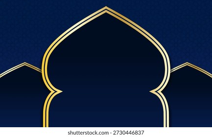 A stunning Islamic Ramadan background with elegant navy blue and gold designs, perfect for celebrations, gatherings, and worship. The luxurious pattern features geometric shapes, lines, and curves, exuding sophistication, opulence, and spirituality.