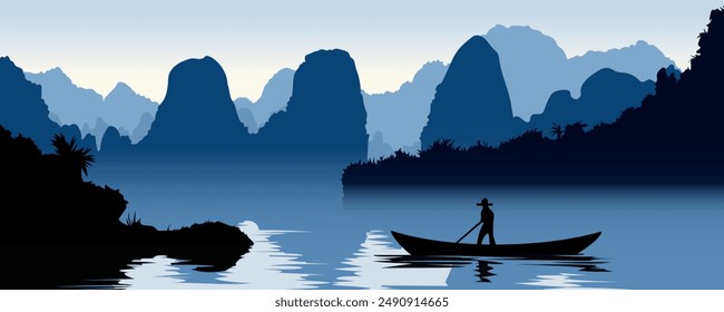 Stunning landscape of an Asian fisherman on a boat with amazing mountains in the background. Panoramic landscape illustration with boat, paradise waters and beautiful mountains of Asia.