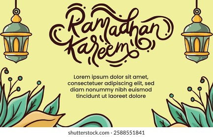 A stunning landscape illustration celebrating Ramadan Kareem, featuring a lattern (bedug) surrounded by elegant floral elements. 