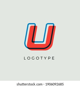Stunning Letter U with 3d color contour, minimalist letter graphic for modern comic book logo, cartoon headline, creative lettering and art monogram. Minimal style letters, vector typographic design