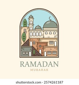 Stunning line art of a mosque surrounded by buildings and trees in earthy tones. Perfect for Ramadan and Eid al-Fitr cards, banners, decorations, or online content.