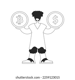 A stunning man is holding a bitcoin and dollar coin. Linear newspaper black and white style.