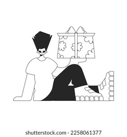 Un hombre impresionante sostiene una caja de regalo. Carácter de estilo lineal.