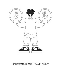 A stunning man holds a bitcoin and dollar coin in his hands. Linear newspaper black and white style.