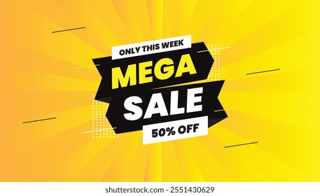 Stunning mega sale banner template! Grab 50% off this weekend. Editable EPS format, vibrant yellow background, bold white text, dynamic black shapes. Perfect for vector design projects