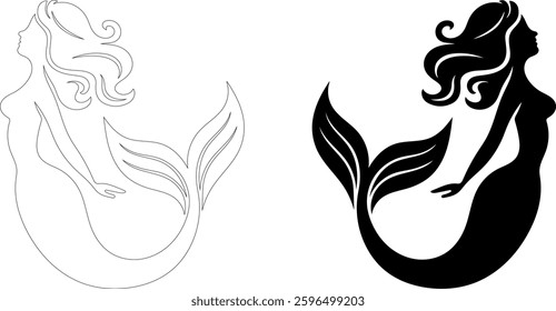 A stunning mermaid silhouette and outline illustration in vector format.
