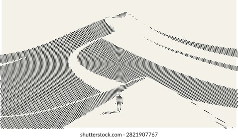 Stunning minimalist desert landscape featuring rolling sand dunes and tiny silhouette of lonely person standing at base artistic dotted graphic composition for travel and nature themes.