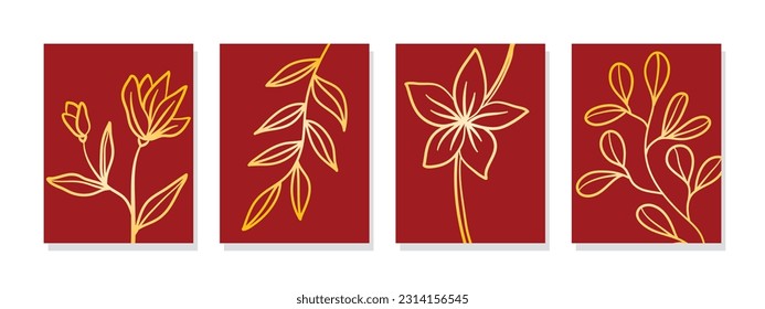 Stunning minimalistic abstract digital wall art featuring illustrations of flowers and leaves with a radiant golden gradient color.