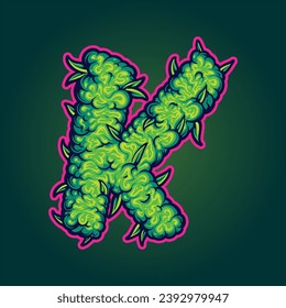 Stunning monogram letter K with cannabis bud motif vector illustrations for your work logo, merchandise t-shirt, stickers and label designs, poster, greeting cards advertising business company brands