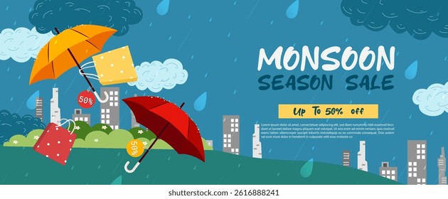 Stunning monsoon season sale visuals showcasing umbrellas and discounts, ideal for attracting customers during the rainy season.