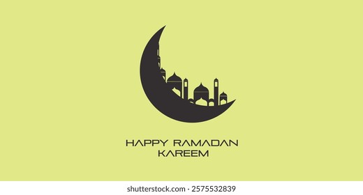 A stunning mosque dome against a serene moonlit backdrop with a light lemon yellow  background, celebrating the spirit of Ramadan. Vector art Illustration, Perfect for Ramzan themed designs.