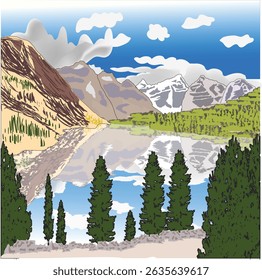 Stunning mountain lake scene with snow peaks, pine trees, clear sky, and water reflections. Ideal for nature, travel, or outdoor-themed projects.