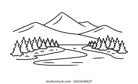 Stunning mountain landscape featuring a flowing river and lush green trees under a clear blue sky line art flat vector illustration