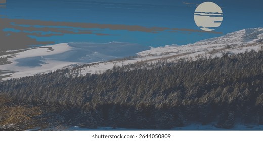 stunning mountain landscape in summer at night. forested hills and grassy meadows in full moon light. view in to the distant valley and ridge beneath a bright blue sky with some clouds