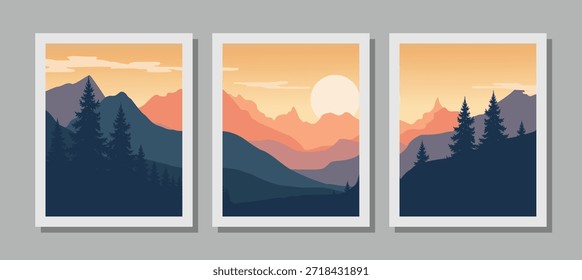 Impressionante paisagem de montanha com árvores ao pôr do sol em quadros brancos