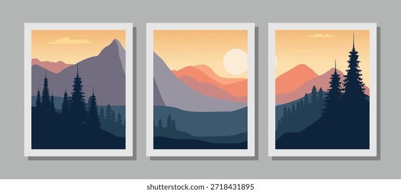 Impressionante paisagem de montanha com árvores ao pôr do sol em quadros brancos