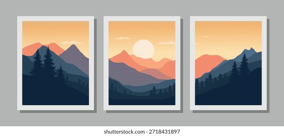 Impressionante paisagem de montanha com árvores ao pôr do sol em quadros brancos