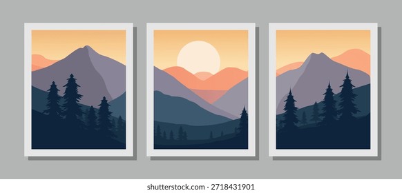 Impresionante paisaje de montaña con árboles al atardecer en marcos blancos