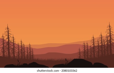 Stunning mountain panorama in the afternoon with the silhouette of the pine trees around it. Vector illustration of a city