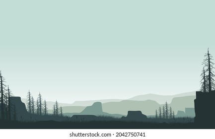 Stunning mountain panorama at night from the riverbank with an aesthetically pleasing pine tree silhouette. Vector illustration of a city