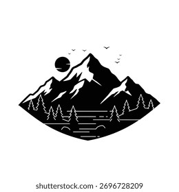 Stunning mountain scene presented in a distinctive black silhouette style.
