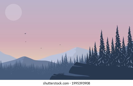 Stunning mountain silhouette view with pine trees from the outskirts of town in the evening. Vector illustration of a city