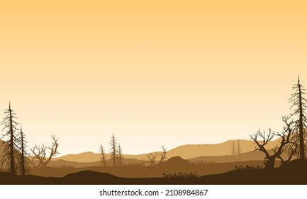 Impresionante vista de las montañas con árboles secos en silueta desde la orilla del río por la mañana