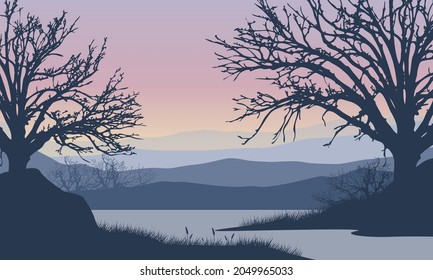 Stunning mountain view with the silhouette of the dry tree from the lakeside at dusk in the afternoon. Vector illustration of a city