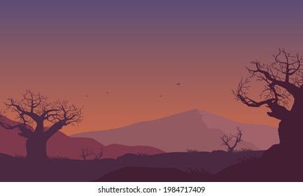 Stunning Mountain views in the countryside at night. Vector illustration of a city