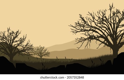 Stunning mountain views with dry tree silhouettes from out of town in the afternoon. Vector illustration of a city