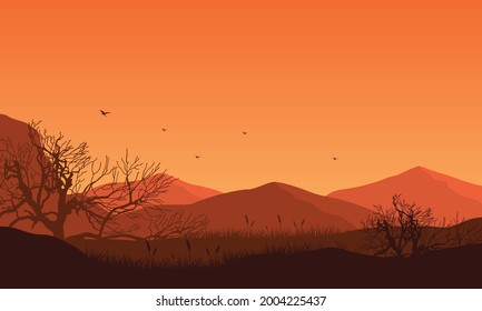 Stunning Mountain views at dusk from the outskirts of the city. Vector illustration of a city