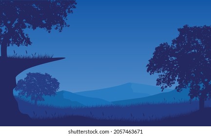 Stunning mountain views from the edge of the city at night with the silhouettes of large trees around it. Vector illustration of a city