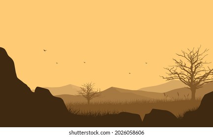 Stunning mountain views in the evening from the outskirts of the city at sunset. Vector illustration of a city