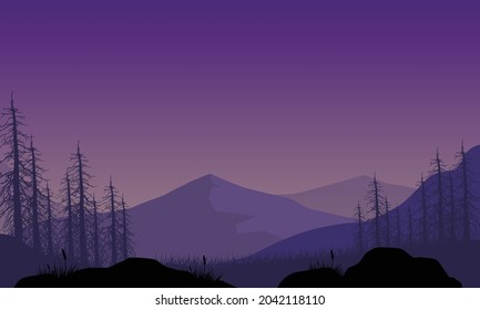 Stunning mountain views at night from the out of the city with the silhouette of pine trees all around. Vector illustration of a city
