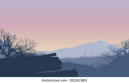 Stunning mountain views from the outskirts of the city at sunrise on a sunny morning. Vector illustration of a city