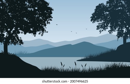 Stunning Mountain views from the riverbank in the misty morning with the silhouettes of large trees around it. Vector illustration of a city
