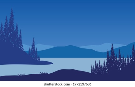 Stunning Mountain views from the riverbank at night with the silhouettes of the surrounding pine trees. Vector illustration of a city