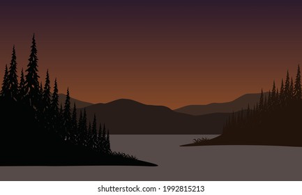 Stunning Mountain views from the riverbank at sunset with the aesthetic silhouette of the surrounding trees. Vector illustration of a city