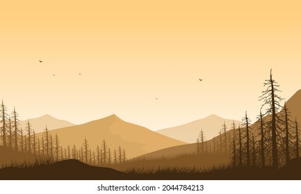 Stunning mountain views from the suburb in the afternoon with the silhouette of pine trees all around. Vector illustration of a city